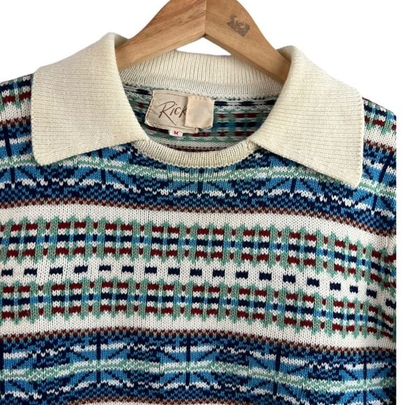 Vintage 70s Ricki Collared Crewneck Argyle Stripe Sweater Medium - Picture 10 of 11